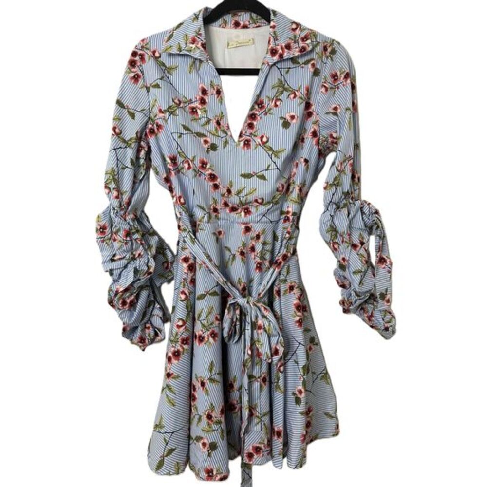 La Pateau Womens Size 42 US Small Blue Long Sleeve Floral Striped Dress